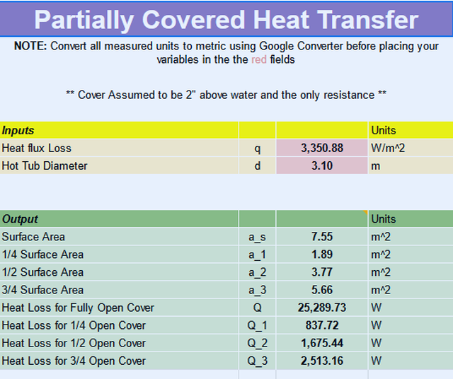 partially covered heat transfer, heat flux loss, hot tub diameter, surface area, open cover heat loss