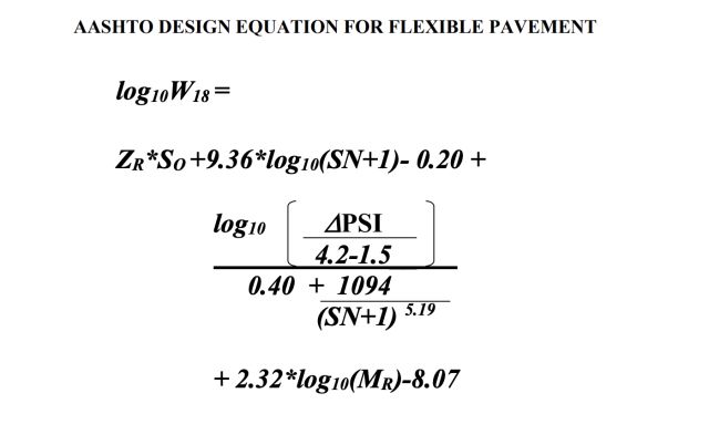 American Association of State Highway Officials (AASHTO) equation, calculation for the required structural number, indicates the pavement thickness to support vehicle load, used to find structural number, ensures a practical pavement design
