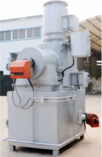 500kg/h smokeless incinerator, heat exchanger, carbon capture if needed, Plant D processes 500 kg of waste per hour and uses 3.34kWh of electricity, which releases 1.24 kg of CO2 equivalent, Image of 500kg/h smokeless incinerator