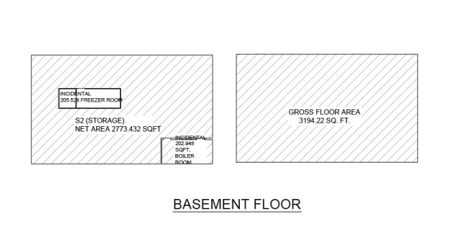 Basement floor, incidental freezer room, gross floor area, storage net area, incidental soft boiler room
