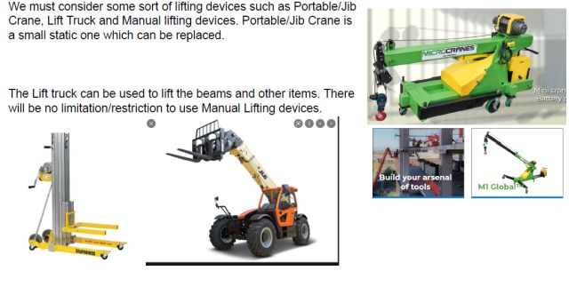 Figure 63, lifting trucks/devices, portable/jib crane, manual lifting device, lift truck used to lift the beams, no limitation/restriction to use manual lifting devices