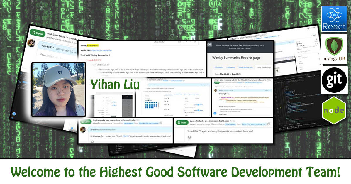 Yihan Liu, software engineering, Highest Good Network, HGN App, debugging, One Community Volunteer, Highest Good collaboration, people making a difference, One Community Global, helping create global change, difference makers