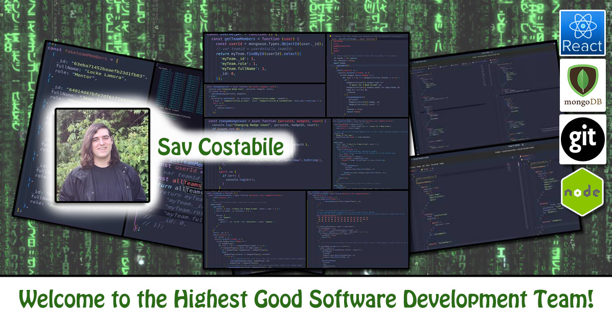 Sav Costabile, Software Engineer, Software Developer, Web Developer, Highest Good Network, One Community Volunteer, Highest Good collaboration, people making a difference, One Community Global, helping create global change, difference makers