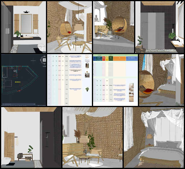 Duplicable City Center, Sustainable Growth, Reproduction, and Maintenance, One Community Weekly Progress Update #539, Amiti Singh, Volunteer Architectural Designer, design and modeling, visitor room, Duplicable City Center, atmosphere of tranquility, Sketchup, wooden screens, tea-light holders, spa-like flooring, pebbles, bathroom, updated furniture model, AutoCAD drawings, cost analysis, pictures.