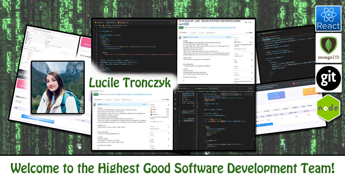 Lucile Tronczyk, Software Developer, Full Stack Developer, Highest Good Network, One Community Volunteer, Highest Good collaboration, people making a difference, One Community Global, helping create global change, difference makers