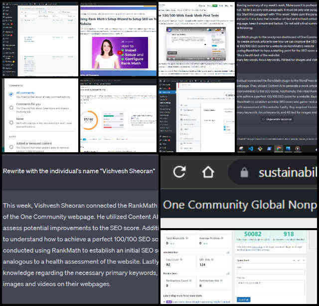 Highest Good Network software - Sustainable Growth, Reproduction, and Maintenance - One Community Weekly Progress Update #539, Vishvesh Sheoran, Artificial Intelligence Specialist, AI, machine learning, improvements, One Community, RankMath plugin, WordPress dashboard, webpage, Content AI, mock article, SEO score, RankMath's website, perfect 100/100 SEO score, testing, web analytics, health assessment, primary keywords, focus keywords, Alt text, images, videos, webpages, pictures.