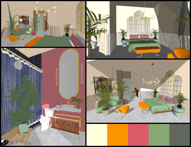 Duplicable City Center, Launching a Global Renaissance, One Community Weekly Progress Update #544, Amiti Singh, Volunteer Architectural Designer, visitor room design, Duplicable City Center, retro-themed visitor room, Duplicable City, aesthetic refinement, Renaissance inspiration, contemporary artists, wall and furniture design, color curation, paint palette selection, design model, 1990s retro movement, pictures.