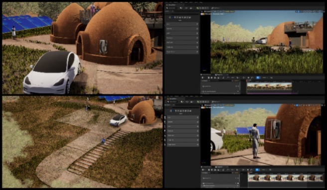 Vidhi, Earthbag Village, People Care Systems, One Community Weekly Progress Update #542, 3D Visualization, Earthbag Village project, 4-dome flythrough, Character animations, Control rigs, Animation style, Realism enhancement, Texturing, Tesla charger placement, Modeling adjustments