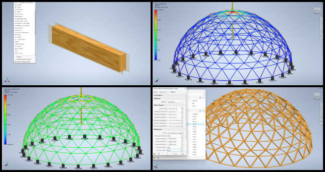 City Center Dome Hub Connector Engineering, Leveraging the Abundance of Earth, One Community Weekly Progress Update #547, Justin Varghese, Mechanical Engineer, custom 12x2 LVL beam, material properties, structural analysis, dome, generated frames, displacement, stresses, comparative assessment, conventional dome structure, wind load evaluation, images.