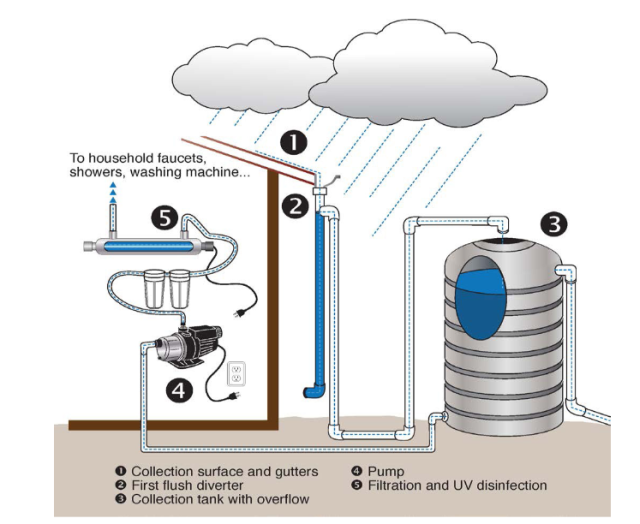 Basic Parts of a Rainwater Capture and Treatment System, Collection surface and gutters, first flush diverter, collection tank with overflow, pump, filtration and UV disinfection