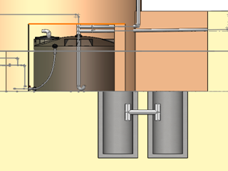 Since stormwater typically has tons of debris and sediment, sedimentation chambers are applied upstream of the water tank to capture large pollution particles, Particles tend to settle down with low flow rate, Two chambers cascaded for each inlet to maximize the ability of capturing the particles. A H-shape pipes configuration connects two chambers which is designed to prevent against siphon effect, minimize convey floating contaminations to the next chambers or water tanks