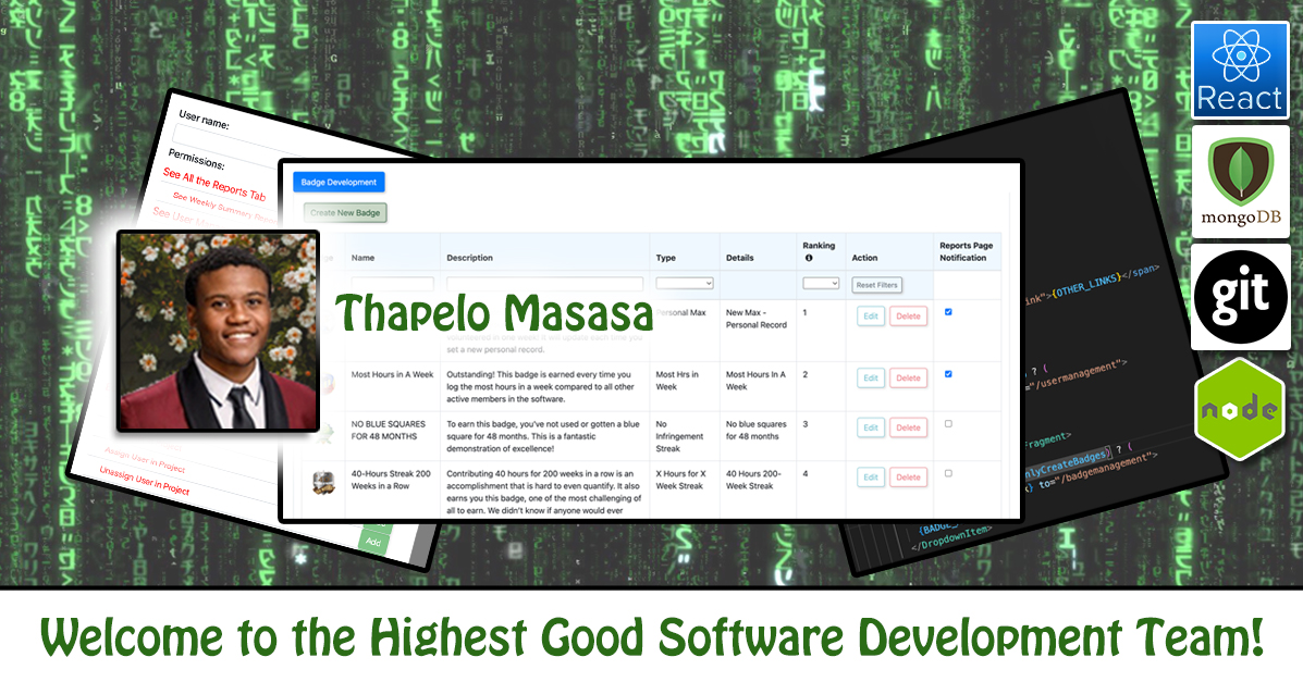 Thapelo Masasa, Software Engineer, Software Developer, Highest Good Network, One Community Volunteer, Highest Good collaboration, people making a difference, One Community Global, helping create global change, difference makers