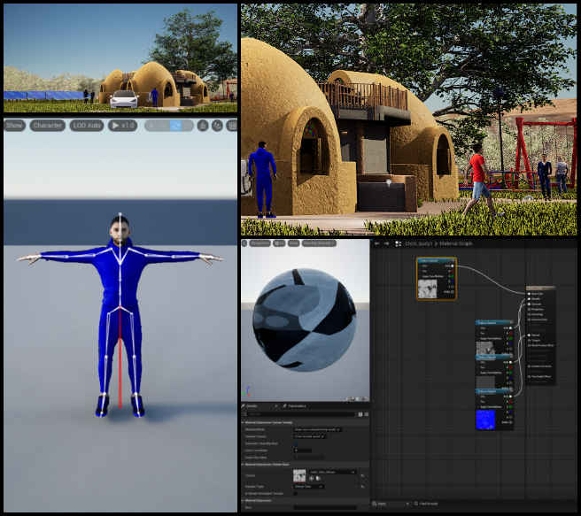 Earthbag Village, Cooperatively Designing a World that Works for Everyone, One Community Weekly Progress Update #555, Vidhi Bansal, 3D Visualization Artist, Earthbag Village, 4Dome flythrough project, character animations, rooftop, control rig, skeletal system, Unreal Engine, typology edits, landscape grading, pictures.