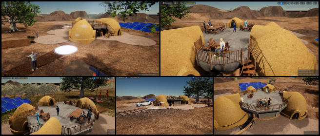 Earthbag Village, Open Sourcing Global Sustainability, One Community Weekly Progress Update #555, Vidhi Bansal, 3D Visualization Artist, Earthbag Village, 4Dome flythrough project, character animations, rooftop, control rig, skeletal system, Unreal Engine, typology edits, landscape grading, pictures.