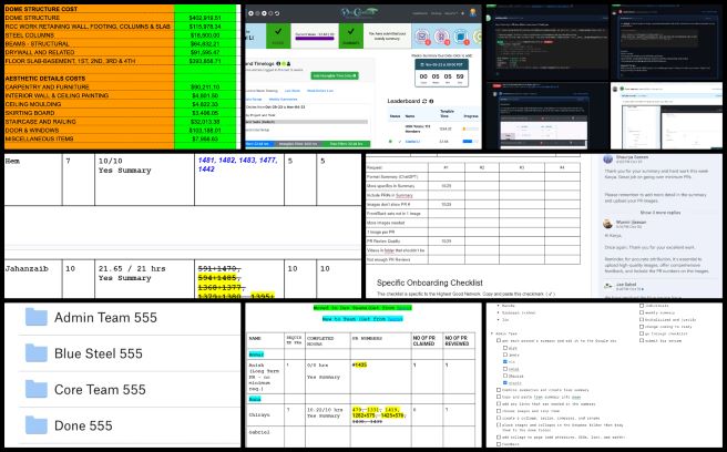 Admin, Team Management. Open Sourcing Global Sustainability, One Community Weekly Progress Update #555, Administration Team, Summary, One Community, Team Manager, SEO optimizations, PR review process, Tracking sheets, Weekly table, Team summary, Collage view
