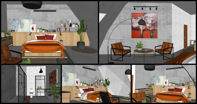 Duplicable City Center, Forwarding Global Cooperatives, One Community Weekly Progress Update #556, Amiti Singh, Architectural Designer, interior design details, rental rooms, Duplicable City Center, 3D model, Room 10, Boho-aesthetic Industrial theme, eclectic industrial furniture, boho decor, color palette, design process, 3D inspirations, furniture palette, bathroom, industrial palette, design development, collage of images.