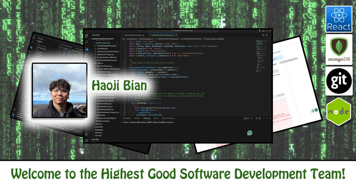 Haoji Bian, Software Developer, Software Engineer, One Community Volunteer, Highest Good collaboration, people making a difference, One Community Global, helping create global change, difference makers