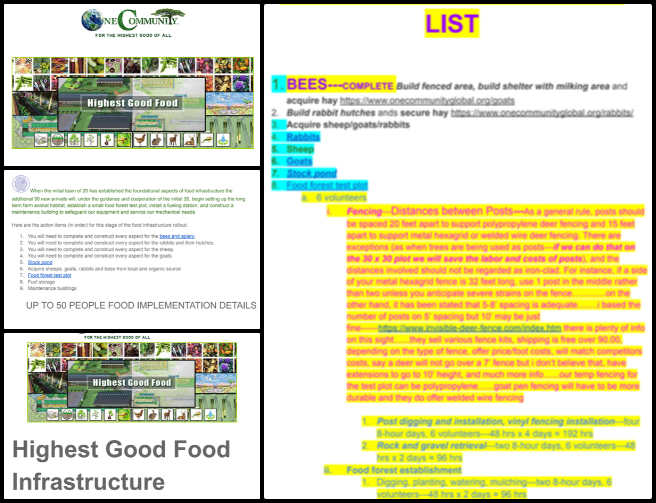 Highest Good Food, Applying Nature as Our Teacher, One Community Weekly Progress Update #558, Hayley Rosario, Sustainability Research Assistant, open-source, Highest Good Food rollout plan, review, 50-person webpage, strategic plan, final rough draft, EDITs document, multiple web pages, implementation details, 20-person webpage, picture.