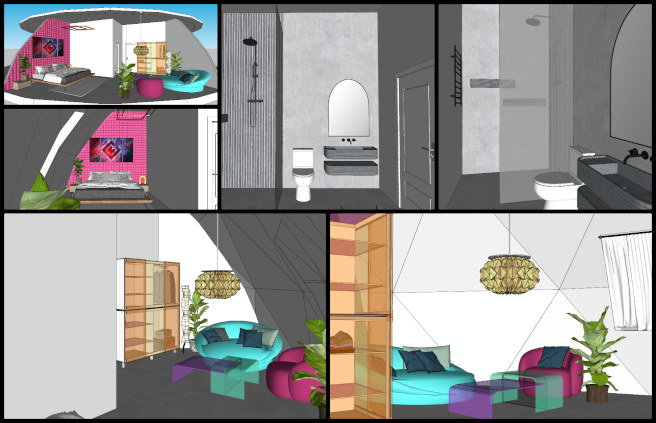 Amiti Singh, Sustainability as a Path to a More Luxurious Life, One Community Weekly Progress Update #566, Amiti's progress, Room 7 design, Duplicable City, finalized theme, futuristic art deco style, art deco furniture, futuristic lighting, vibrant color palette, 3D model details, initial material palette, bathroom design 