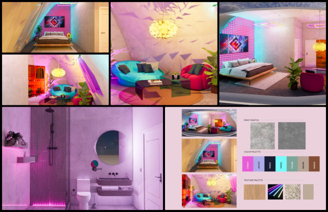Amiti Singh, Eco-cooperatives Making a Difference, One Community Weekly Progress Update #568, Duplicable City, Room 7, 3D Renders, Neo-futuristic Aesthetic, Art Deco-style Furniture, Futuristic Lighting, Color Palette, Furniture Palette, Material Palette, Mood Board