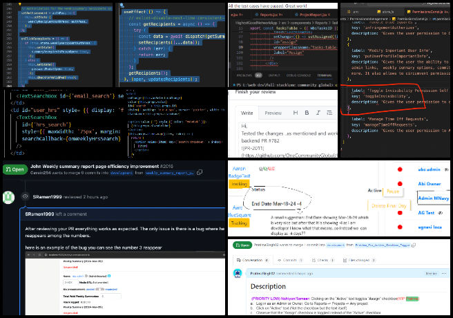 Alpha, Highest Good Network, A Better Way of Life Through Eco-communities, One Community Weekly Progress Update #574, pull request, GitHub, peer reviews, bug fixes, unit tests, scroll functionality, refactoring, redundancy elimination, authorization checks, dark mode, debugging