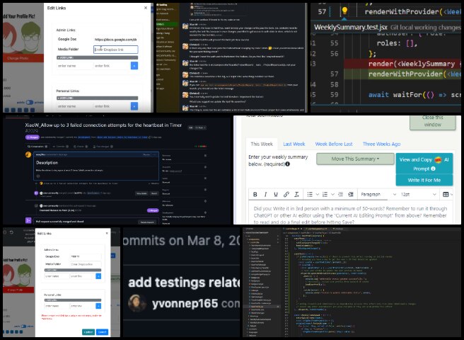 Blue Steel, Highest Good Network, Creating the World That's Possible, One Community Weekly Progress Update #573, developer role, pull requests, testing bug, API key, checkbox feature, user profile page, unit test coverage, permissions constraints, Redux store, internet connectivity
