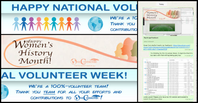 Ray, website visuals, Creating the World That's Possible, One Community Weekly Progress Update #572, website header, Women's History Month, National Volunteer Week, SEO, search engine optimization, blog, media browser, images, updating, content creation