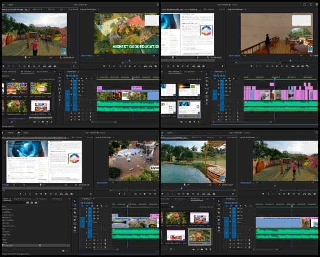 Intro video, rough cut, transitions, effects, thorough review, quality, open source components, One Community, people-care communities.