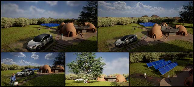 4-dome cluster Earthbag Village housing design, Abundance in Natural Systems, One Community Weekly Progress Update #534